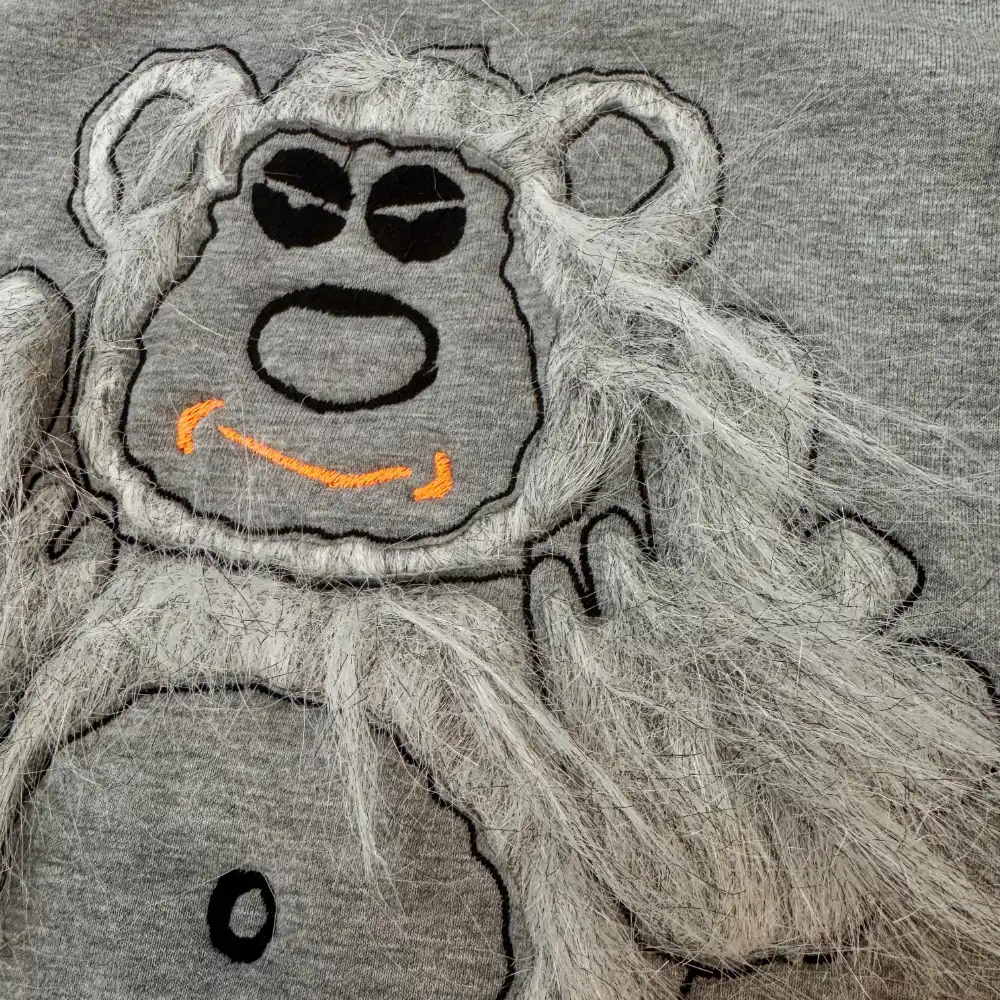 Bear — Grey, hand-cut fur-texture embroidery on grey knit, Migula Studio